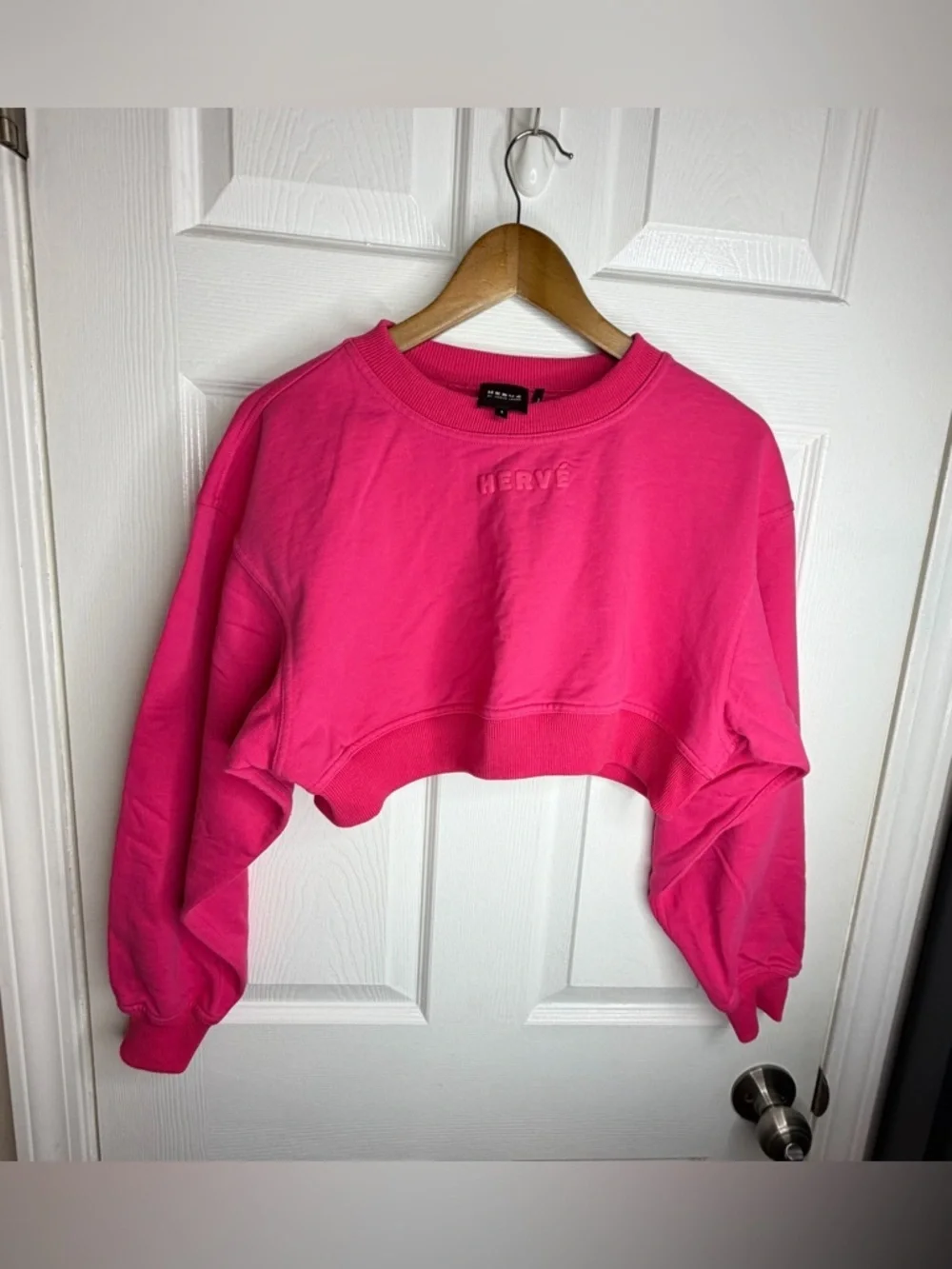 Herve Leger Women’s Small Pink Cropped Logo Sweatshirt S Long Sleeve Pullover